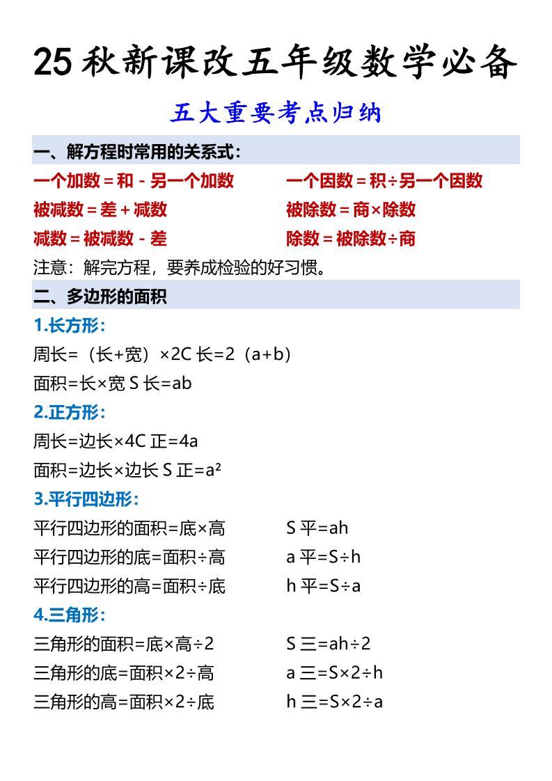 【2025秋新版】五年级数学必备五大重要考点归纳-五上数学
