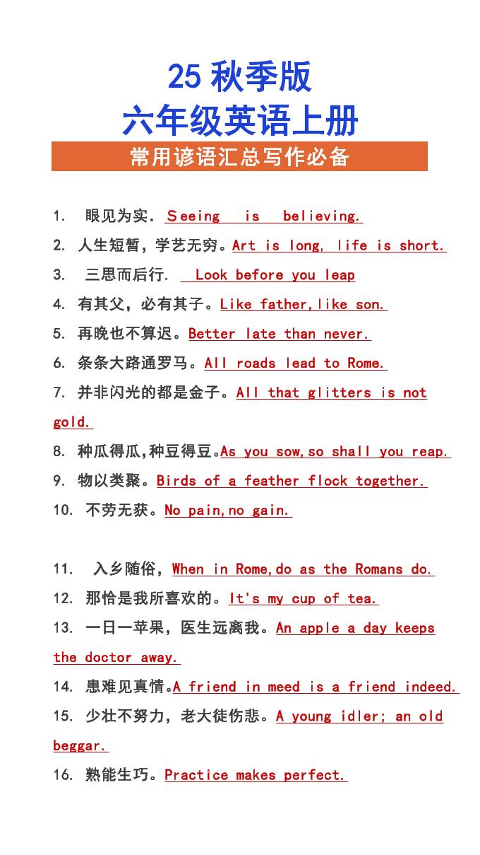【2025秋新版】六年级上册英语常用谚语汇总写作必备