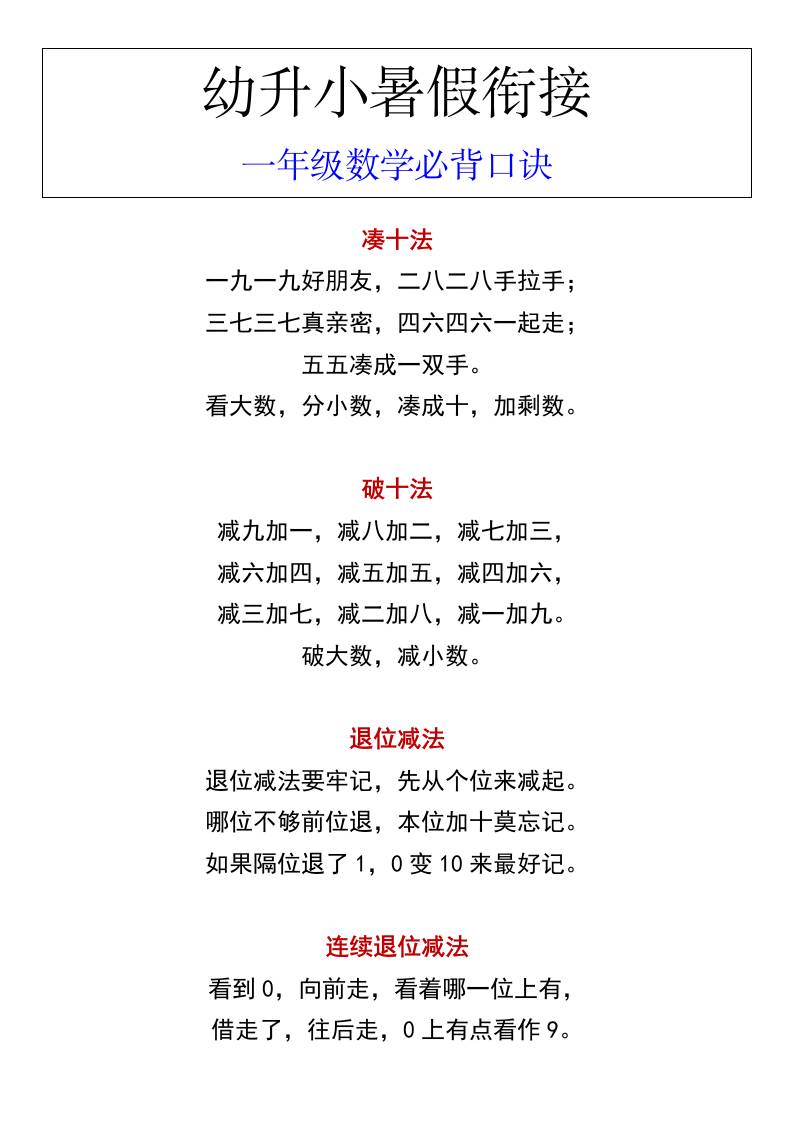 幼升小暑假衔接一年级数学必背口诀