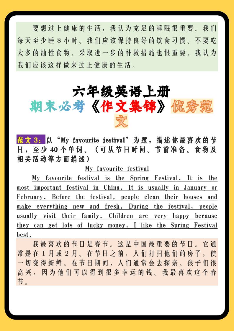 【2025秋新版】六年级英语上册期末必考《作文集锦》优秀范文