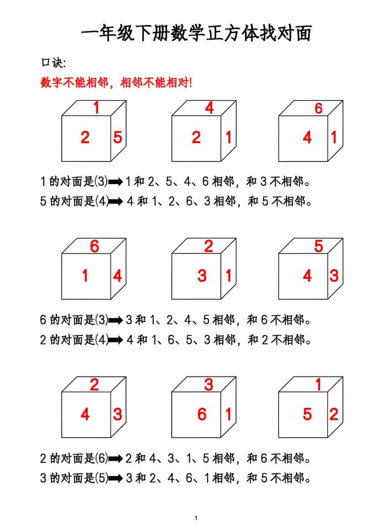 一年级下册数学正方体找对面