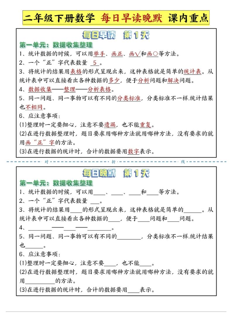 二年级下数学重点每日早读晚默（14页）-高清无水印完整版本
