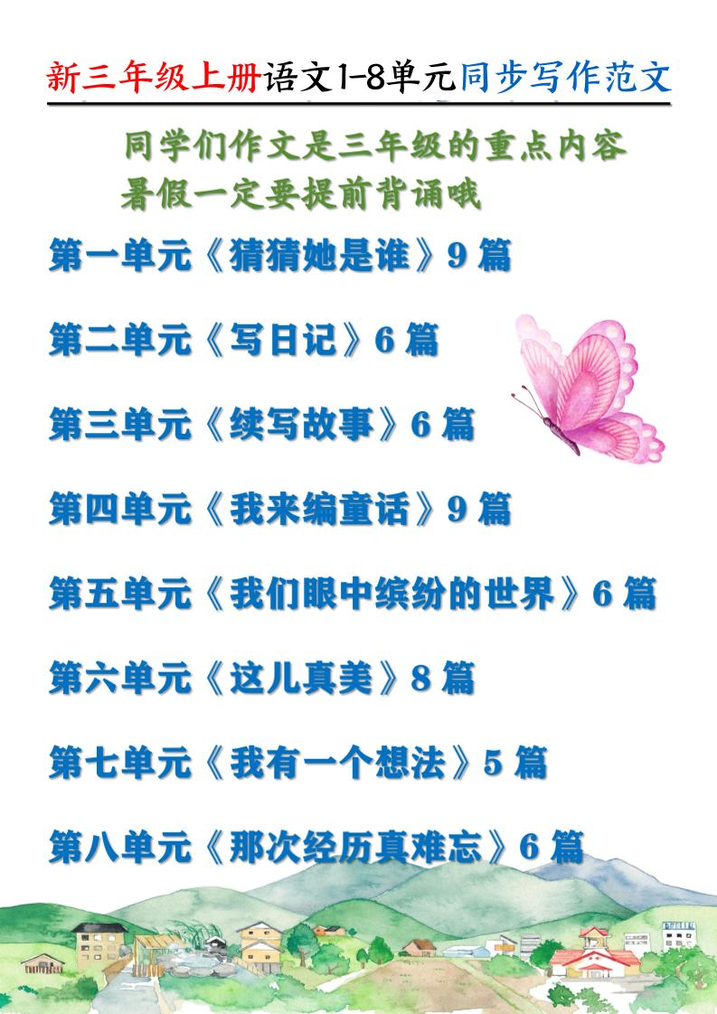 新三上语文1-8单元同步写作范文55篇（56页）