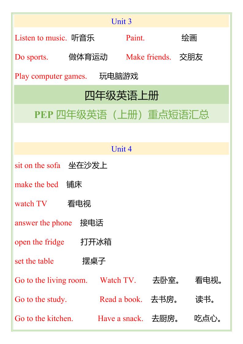 【2025秋新版】四年级英语（上册）重点短语汇总