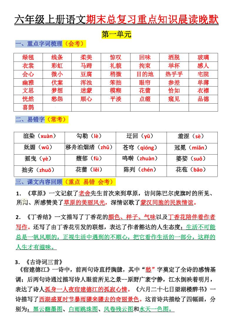 六上语文复习重点晨读单(16页)