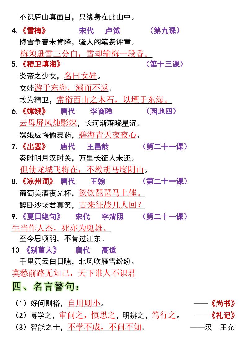 全册高频考点归类（节选）】四上语文