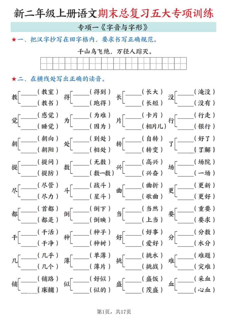 新二上语文期末总复习五大专项训练（17页）