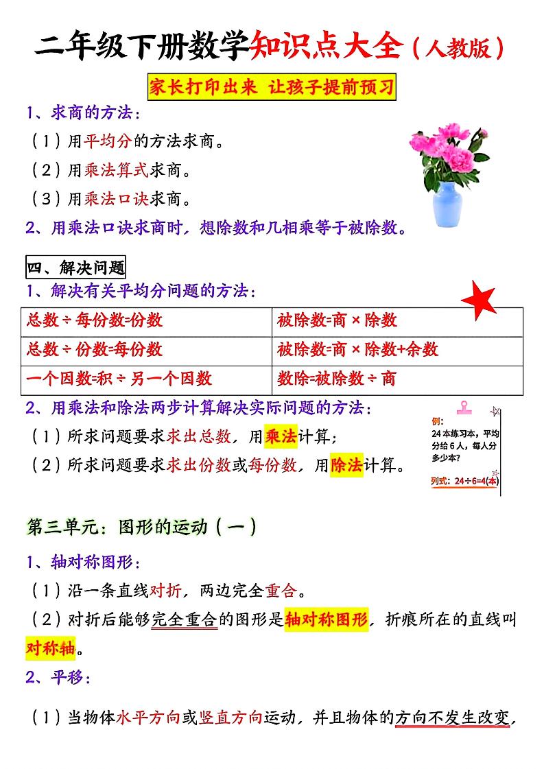 二年级下数学全册重点知识归纳《人教版》