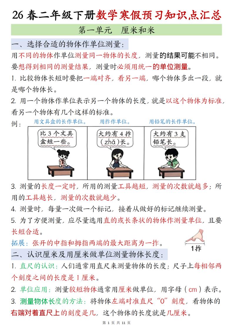 二年级下数学寒假预习知识点清单《苏教版》