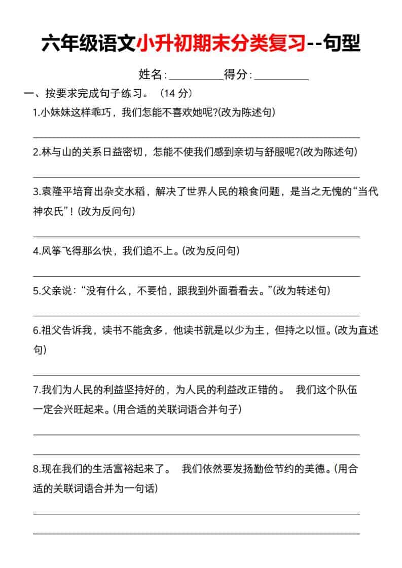 六年级下语文小升初期末分类复习--句型