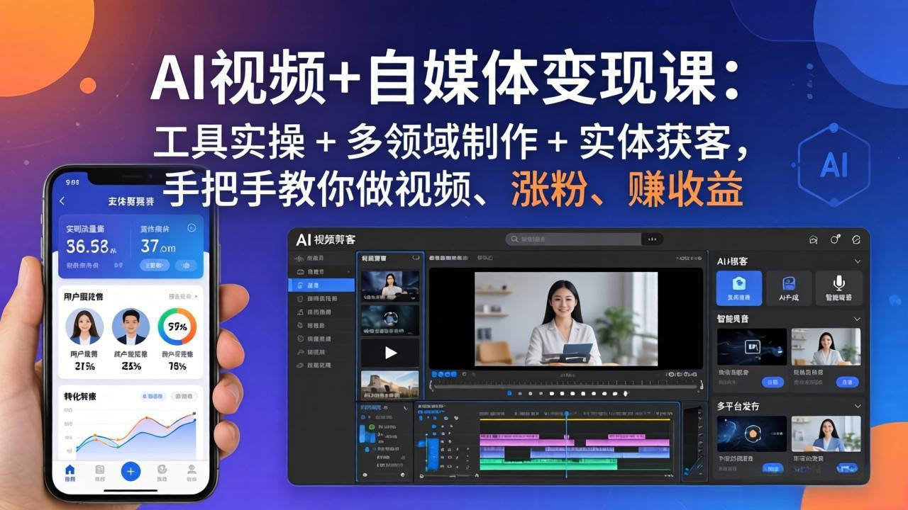 AI视频+自媒体变现课:工具实操 + 多领域制作 + 实体获客,手把手教你做视频、涨粉、赚收益