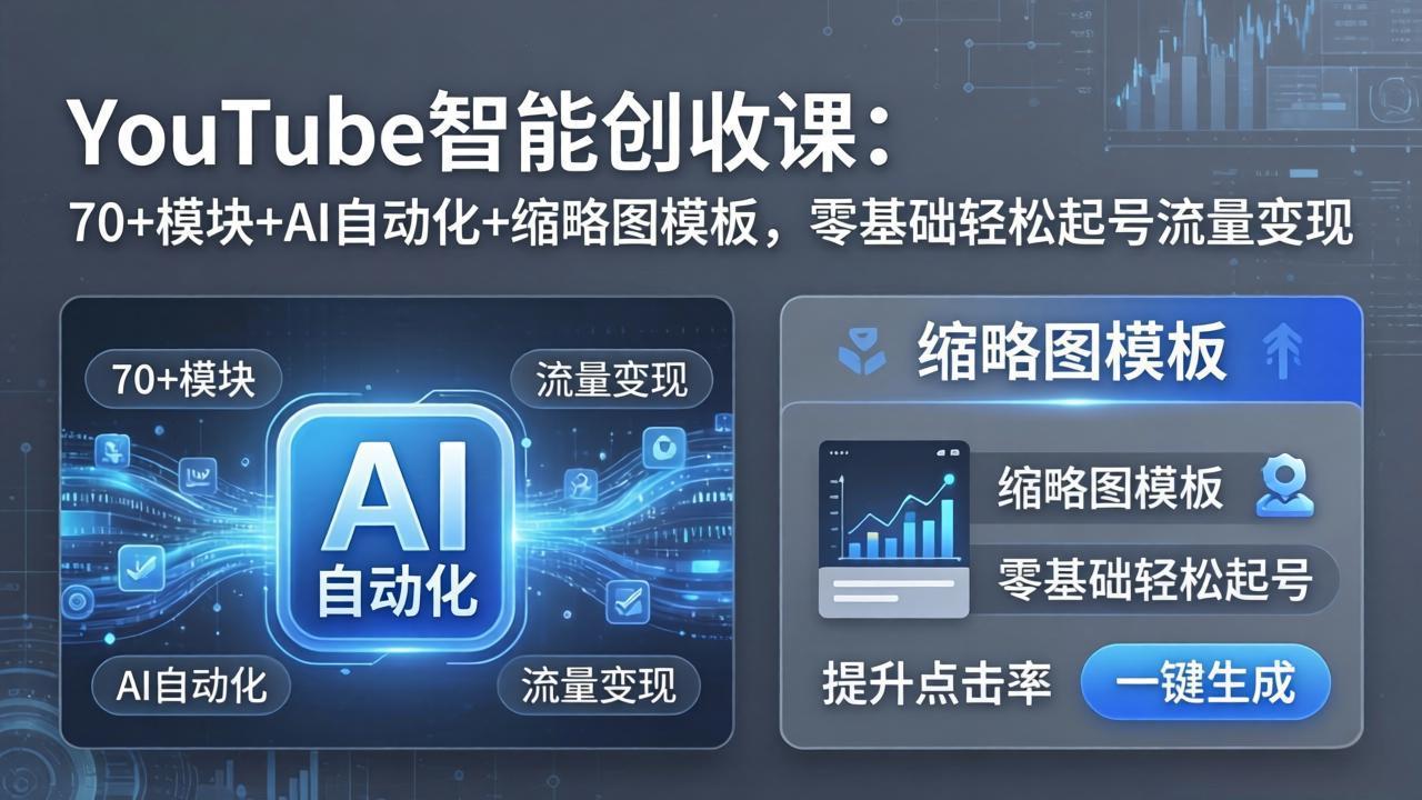 YouTube智能创收课:70+模块+AI自动化+缩略图模板,零基础轻松起号流量变现