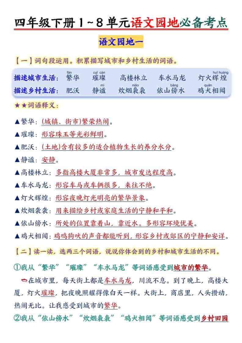 四年级下语文园地1-8单元必备考点