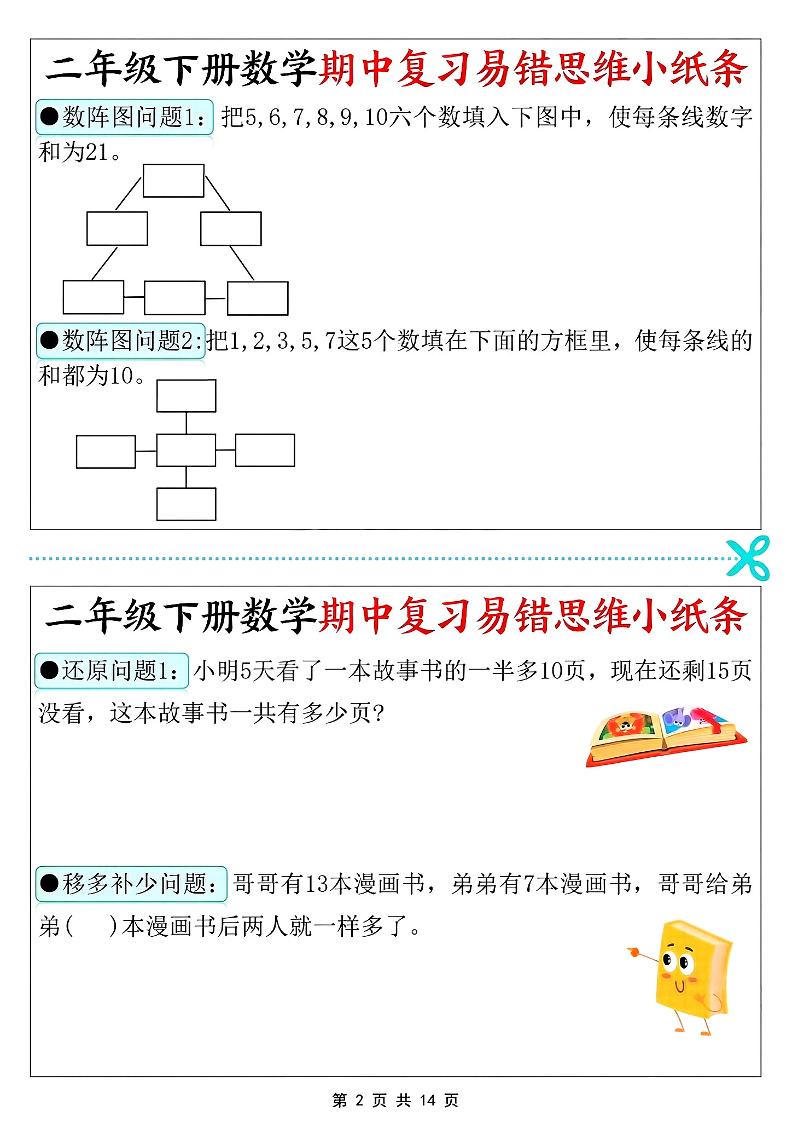 二年级下数学期中复习易错思维小纸条
