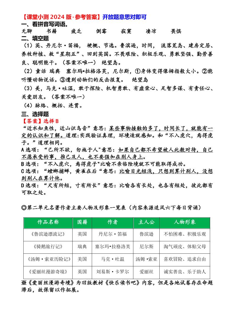 六年级下语文第二单元课堂小测
