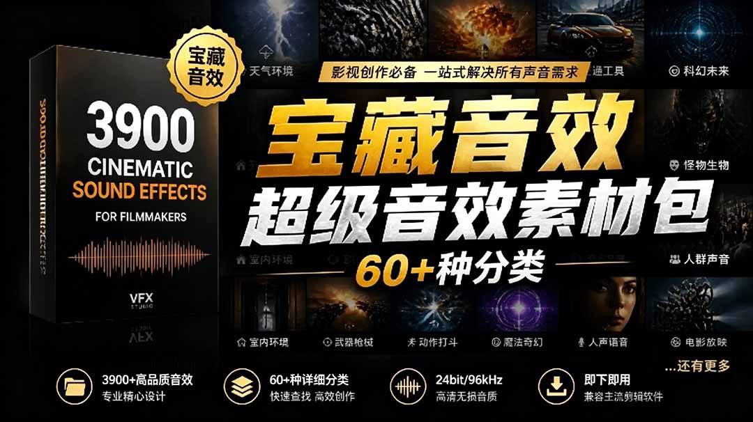 宝藏音效合集包!60+多种音效分类,共计3900个,分类清晰,全中文分类,高品质剪辑音效素材包