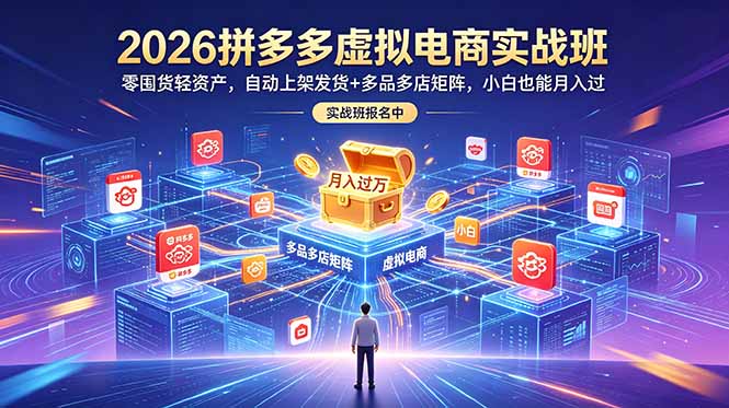2026拼多多虚拟电商实战班：零囤货轻资产，自动上架发货+多品多店矩阵，小白也能月入过万