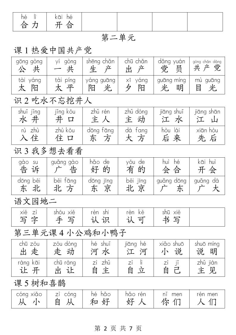 26春一年级下册语文1-8单元词语听写表