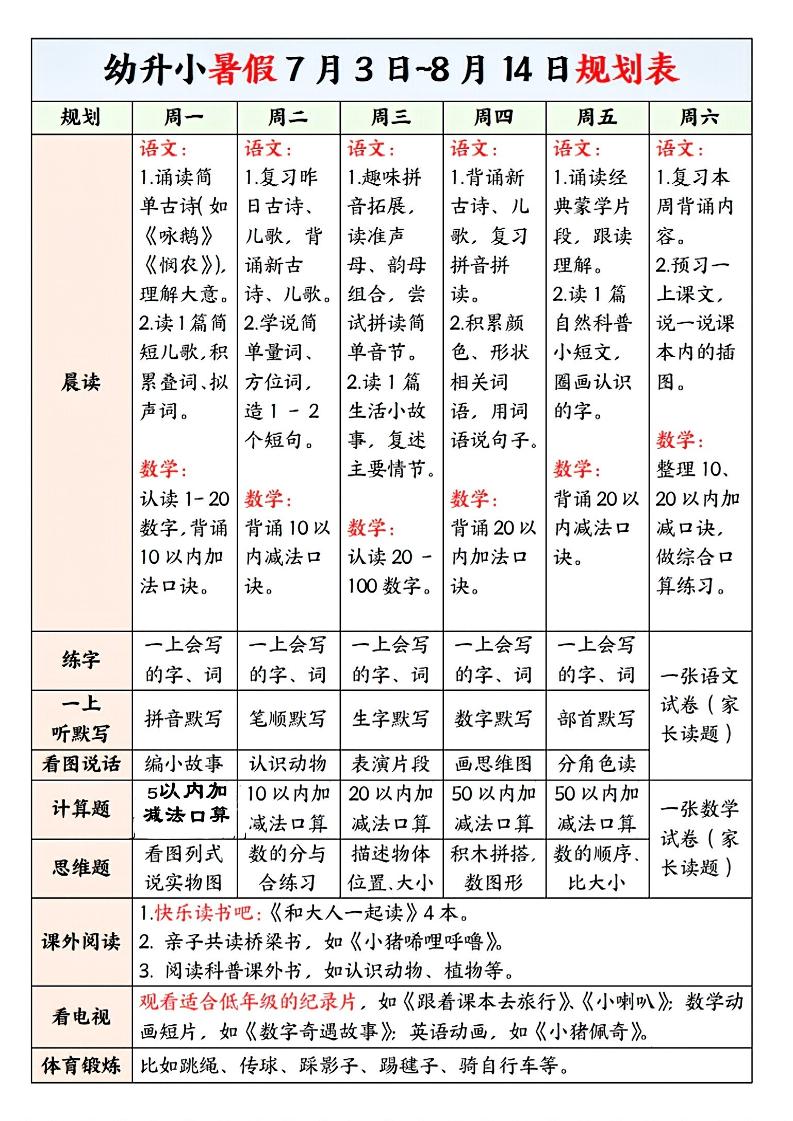 幼升小暑假规划表