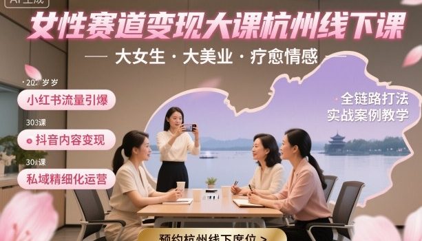 女性赛道变现大课杭州线下,大女生,大美业,疗愈情感,一套小红书、抖音、私域全链路打法