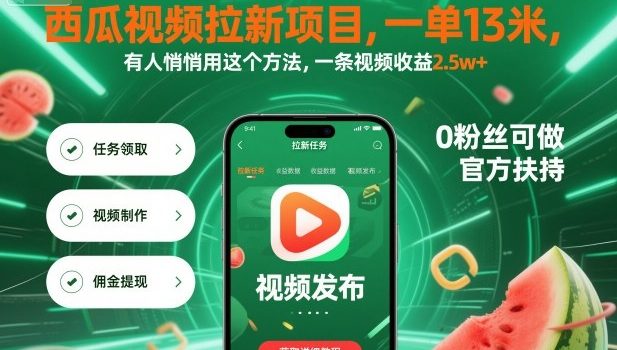 西瓜视频拉新项目,一单13米,有人悄悄用这个方法,一条视频收益2.5w+(附详细教程)