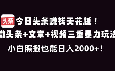 今日头条赚钱天花板！微头条+文章+视频三重暴利玩法，小白照搬也能日人2000+