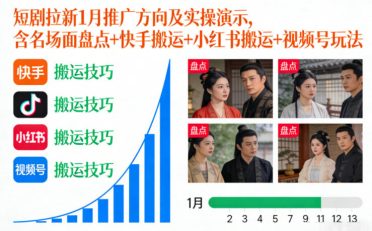 短剧拉新1月推广方向及实操演示，含名场面盘点+快手搬运+小红书搬运+视频号玩法