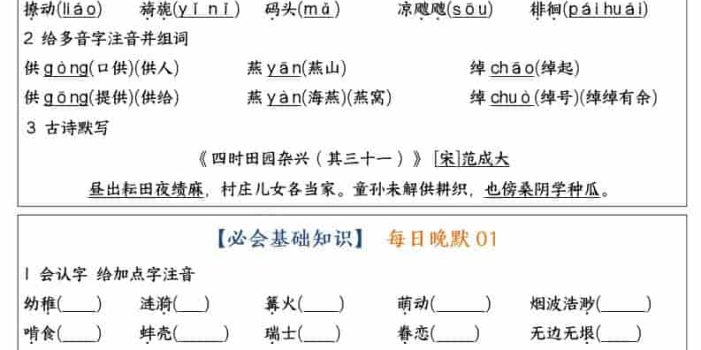 五年级下语文全册重点知识点每日默写小纸条1