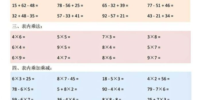 二年级下数学加减乘除综合练习