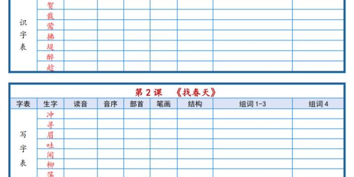 二年级下语文2026春课后三表生字组词专项练习