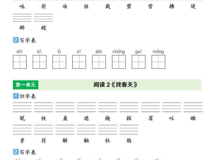 二年级下语文【识字表+写字表+词语表】专项练