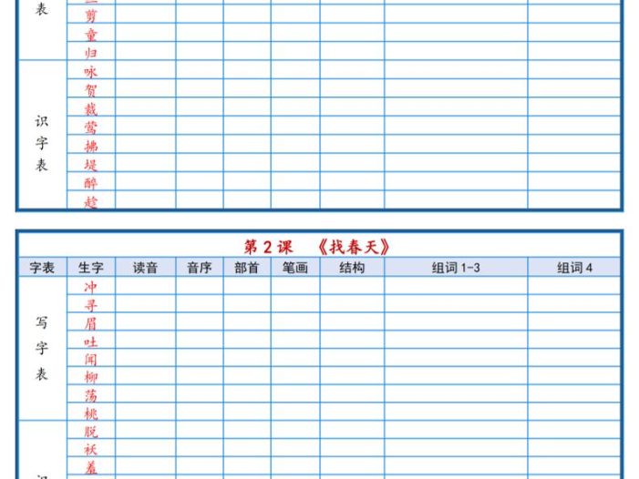 二年级下语文2026春课后三表生字组词专项练习