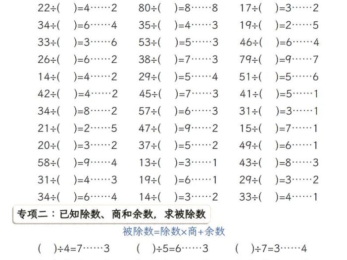 二年级下数学有余数的除法五大专项练习