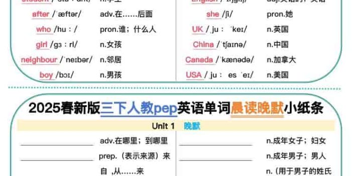 三年级下英语单词晨读晚默小纸条《人教PEP》