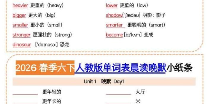 六年级下英语2026春晨读晚默小纸条《人教版》