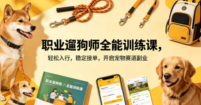 职业遛狗师全能训练课，轻松入行，稳定接单，开启宠物赛道副业