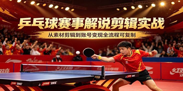 乒乓球赛事解说剪辑实战，从素材剪辑到账号变现全流程可复制