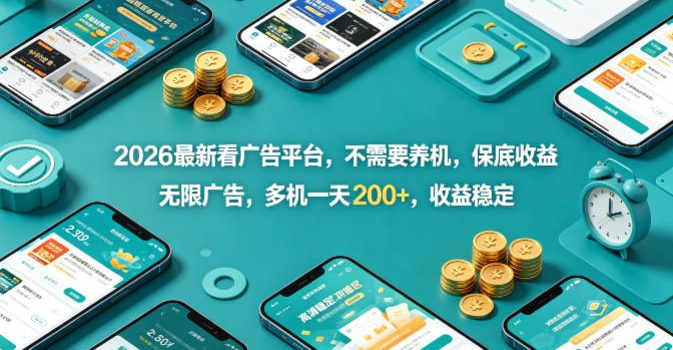 2026最新看广告平台，不需要养机，保底收益，无限广告，多机一天200+，收益稳定【揭秘】