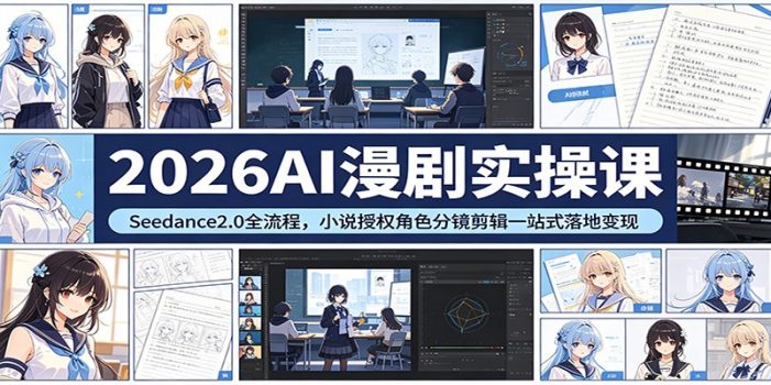 2026AI漫剧实操课：Seedance2.0全流程，小说授权角色分镜剪辑一站式落地变现