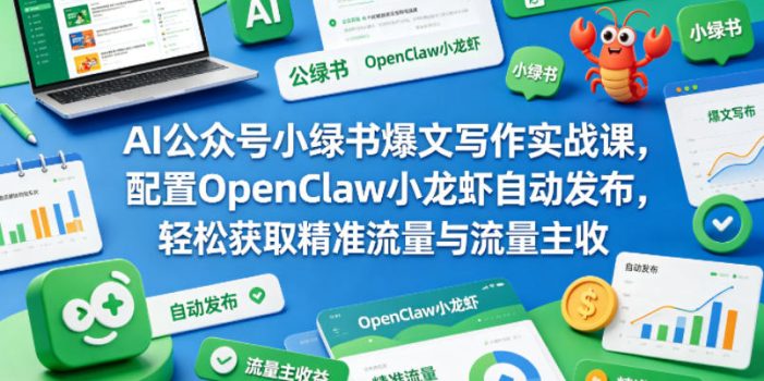 AI公众号小绿书爆文写作实战课，配置OpenClaw小龙虾自动发布，轻松获取精准流量与流量主收益