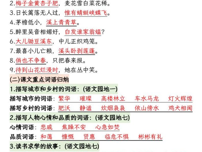 四年级下语文期中1-4单元复习必考知识点