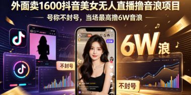 外面卖1600抖音美女无人直播撸音浪项目，号称不封号，当场最高撸6W音浪！【附详细教程】