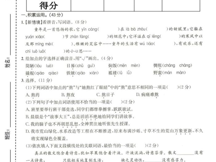 六年级下语文期中质量检测卷