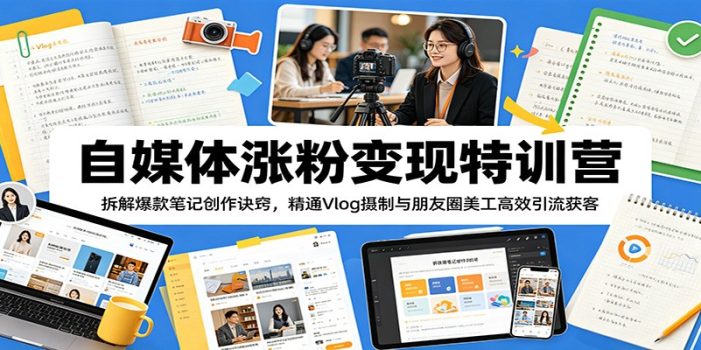 自媒体涨粉变现特训营：拆解爆款笔记创作诀窍，精通Vlog摄制与朋友圈美工高效引流获客