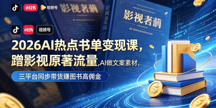 2026AI热点书单变现课，蹭影视原著流量，AI做文案素材，三平台同步带货赚图书高佣金