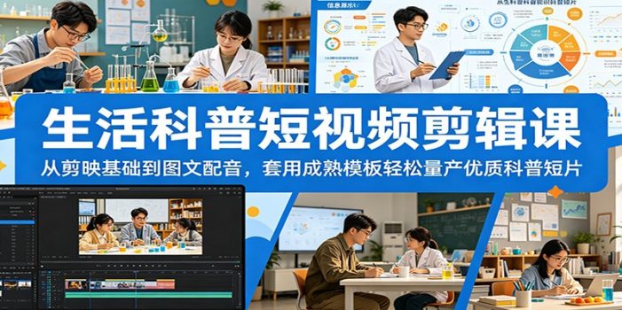 生活科普短视频剪辑课：从剪映基础到图文配音，套用成熟模板轻松量产优质科普短片