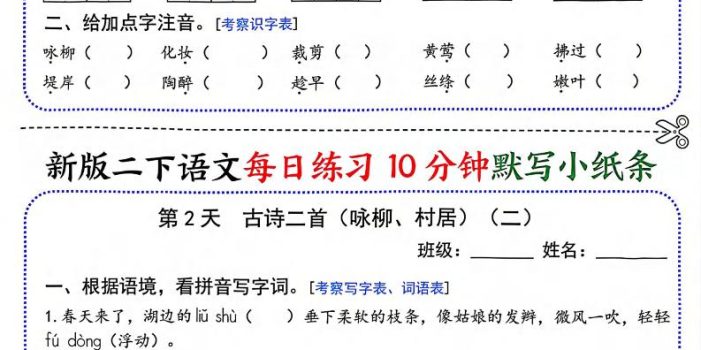 二年级下语文每日练习10分钟默写小纸条