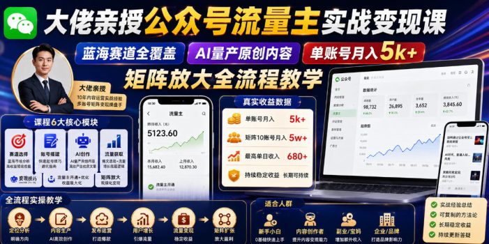 大佬亲授公众号流量主实战变现课,蓝海赛道全覆盖,AI量产原创内容,单账号月入5k+矩阵放大全流程教学