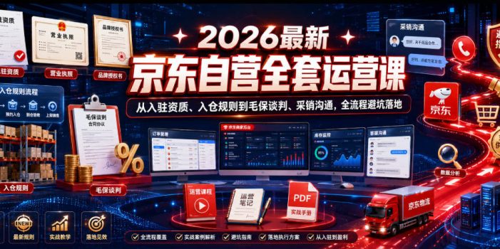 2026最新京东自营全套运营课,从入驻资质、入仓规则到毛保谈判、采销沟通,全流程避坑落地