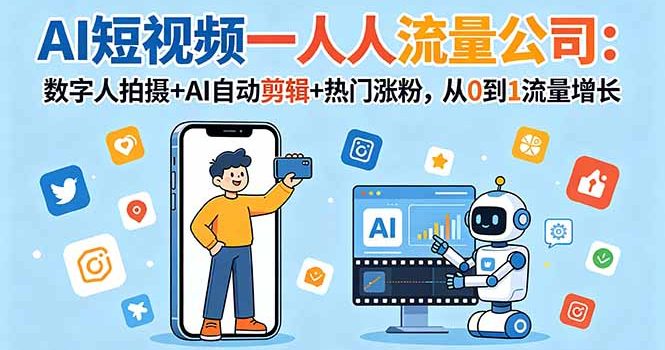 AI短视频一人流量公司:数字人拍摄+AI自动剪辑+热门涨粉,从0到1流量增长